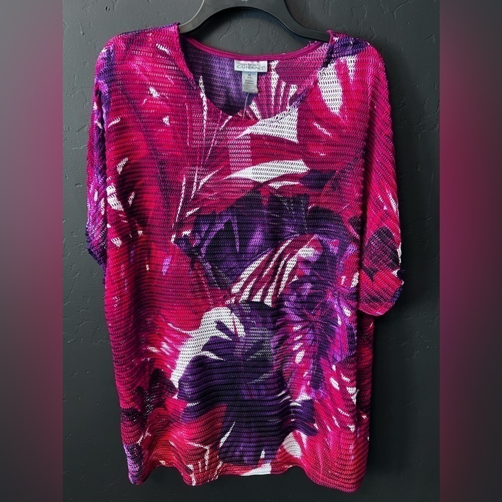 Catherines Maggie Barnes Womens Blouse 1x Floral Short Sleeve Top Purple Pink